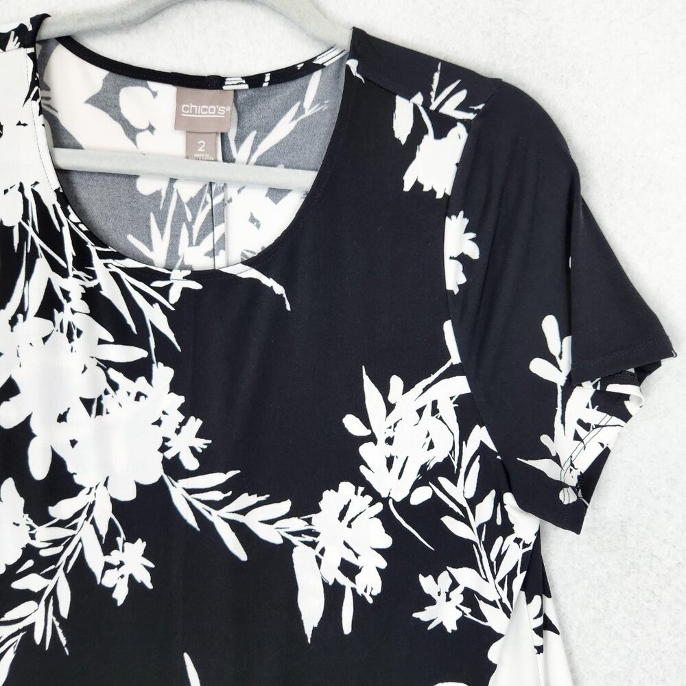 Chicos Dress Women 2 Black White 12 Floral Short Sleeve Midi Lightweight Casual - Picture 2 of 11